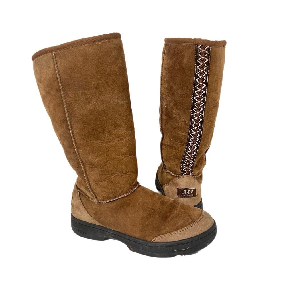 UGG Australia Ultimate Tall Braid Boots Chestnut Leather Sz 8 Shearling Sheepski
